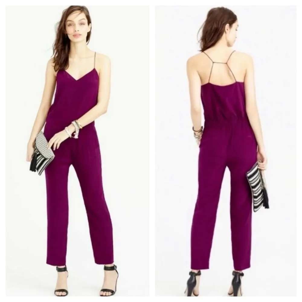 NEW J. Crew 100% Silk Strappy V-Neck Jumpsuit Sz 4 Tall Plum Pocket Straight Leg